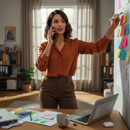 A woman sits At her desk with a laptop and phone, showcasing multitasking skills.